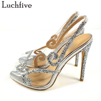 

Sexy Glitter Clear Sandals Thin High Heels Peep Toe Transparent Shoes Woman Summer Sexy BlingBling Slingbacks Party Shoes