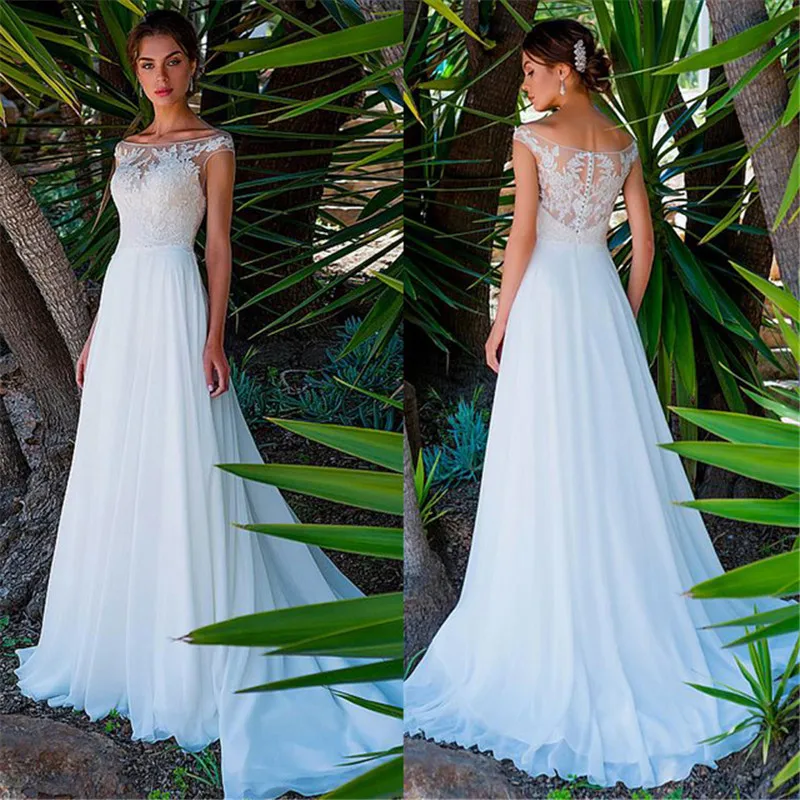 

Chiffon Scoop Neckline Full-length A-line Wedding Dress With Lace Appliques Beach Bridal Dress long elegant Vestido De Noiva