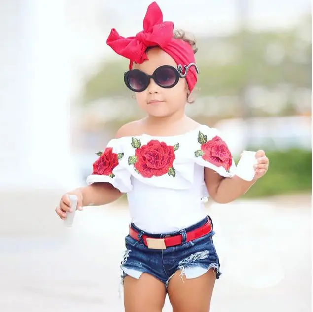 Toddler Girls off Shoulder rose flower T-Shirt+hot shorts raw hem Denim summer Newborn Baby clothing set children kids Outfits