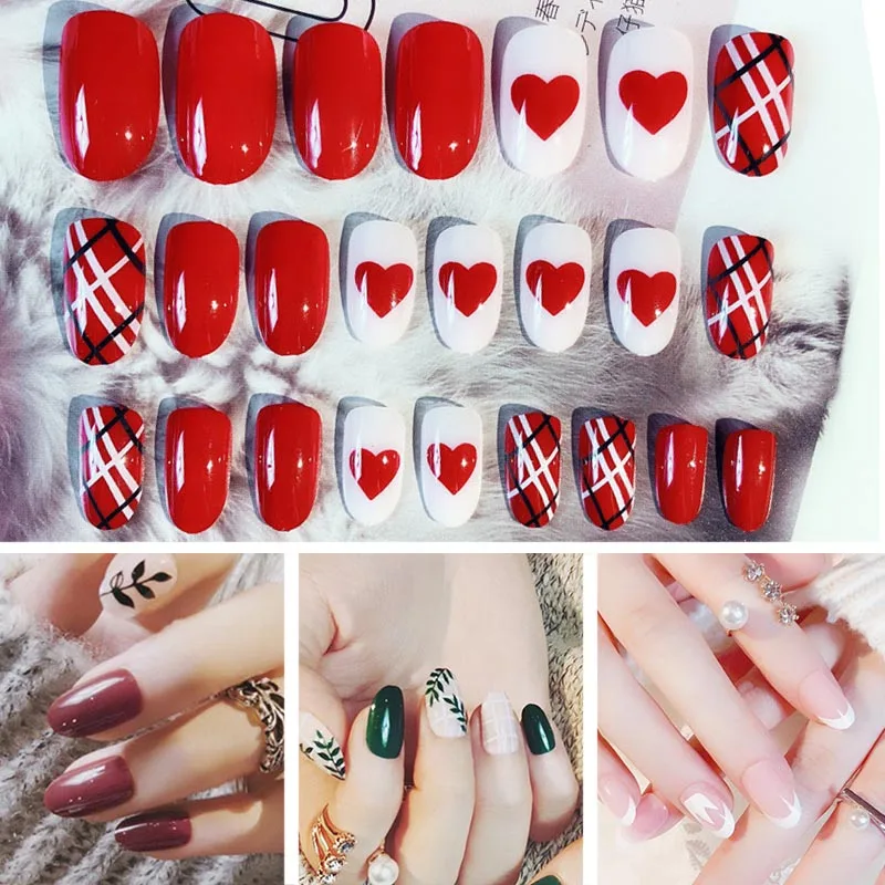 

24pcs Ladies DIY Fake Nail Heart Pattern Red White Striped DIY Manicure False Nails Decals SSwell