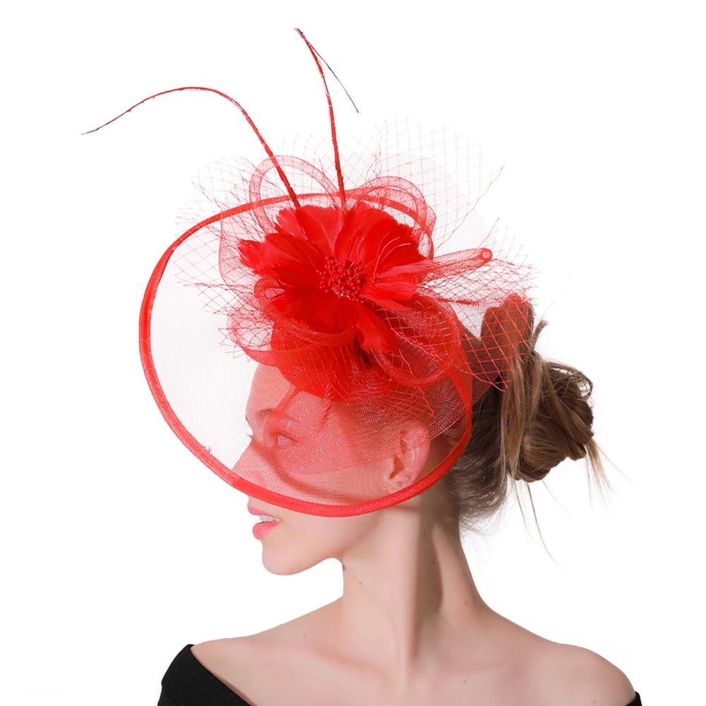 Red Fascinators Hat for Women Wedding Party Headband French Mesh Veil