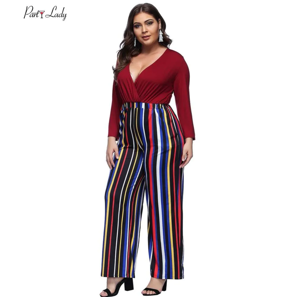 Party Lady  New Jumpsuits For Women 2018 Rompers Womens Combination Femme Sexy Loose Striped Full Length  Loose Jumpsuits -D