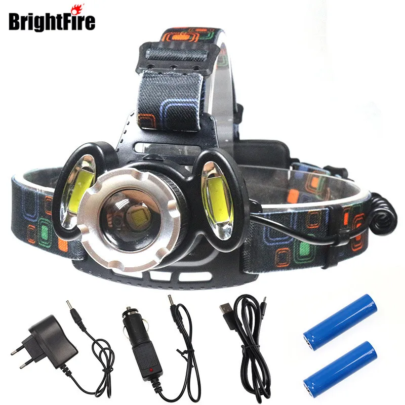 

Brightfire 4 Modes LED Headlamp 8000LM T6 + 2COB Headlight Rechargeable Zoom Headlight Hunting 18650 Battery Charger