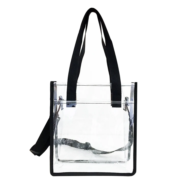 

PVC Vinyl Transparent Plastic Cosmetic Make Up Bag with extra Two Front Pockets and Removable Shoulder Strap
