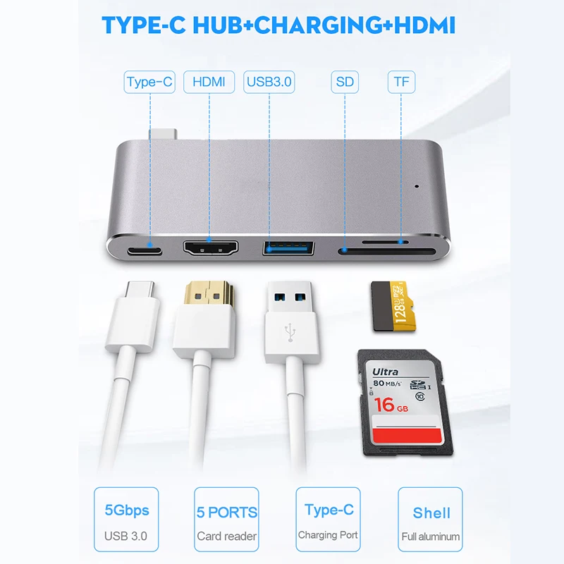 

Basix 5 in 1 USB C Hub HDMI Type C Hub usb 3.0 Splitter Adapter TF Micro SD Card Reader for Macbook pro 2015 2016