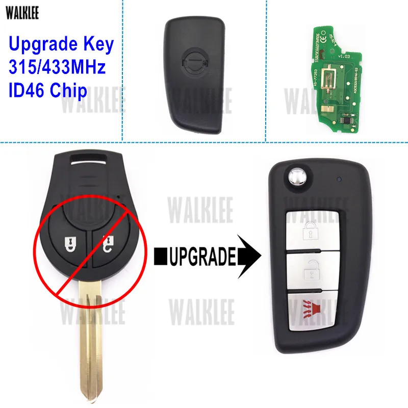 

WALKLEE Upgrade Key Car Remote DIY for Nissan Cube Note March Qashqai Tiida Sunny Sylphy X-Trail Armada 315MHz/433MHz