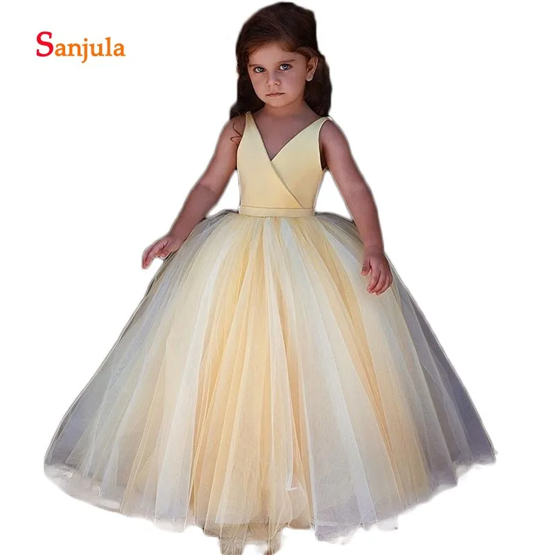 Yellow Satin Wedding Flower Girls Dresses Girls Gowns Princess Girls Gowns
