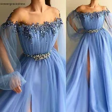 Небесно-голубое длинное выпускное платье трапециевидной формы с открытыми плечами с аппликацией, одежда для торжественных мероприятий, праздников, выпускное вечернее платье