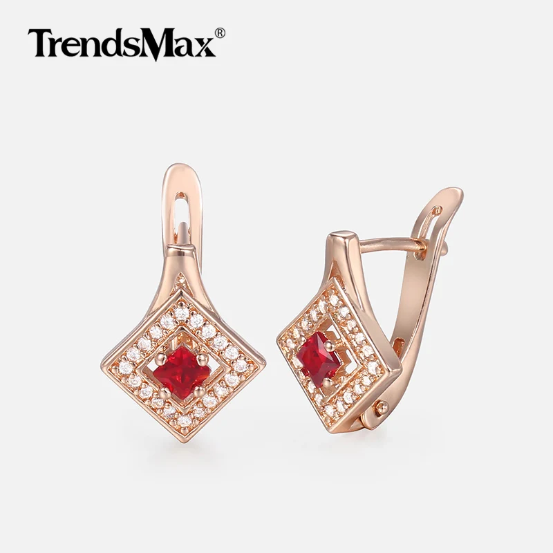

Luxury Red CZ Stone 585 Rose Gold Earrings For Women Hot Party Wedding Jewelry Woman Earring Valentines Gifts for Love GE146