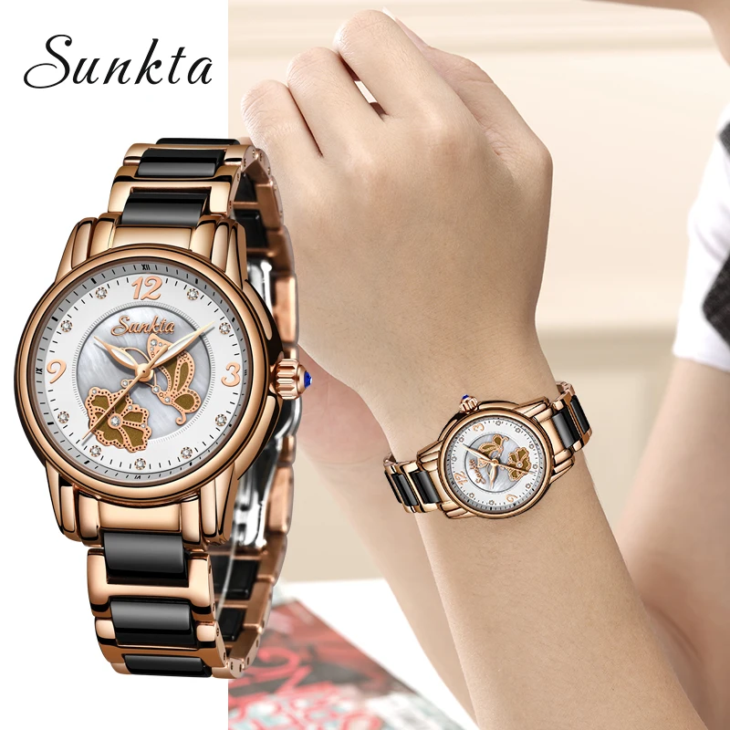 Relógio de Quartzo Feminino de Luxo Feminino + Caixa Nova Listagem Rosa Ouro Mulher Relógios Senhoras Marca Superior Relógio Menina Feminino Sunkta2019