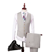 Бренд серый в полоску костюмы Для мужчин Slim Fit пиджаки Бизнес формальный жених свадьба Пром мужской костюм 3 предмета куртка+ брюки+ жилет