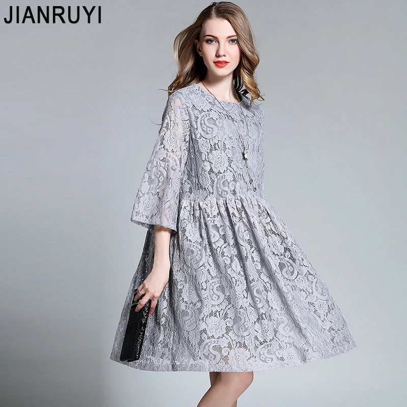 

JIANRUYI 2018MM The new spring Large size ladies Lace dress 7 point sleeve dress L-4XL