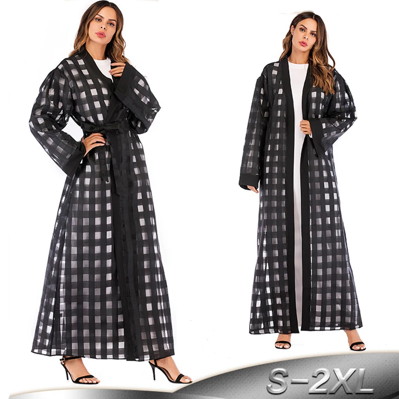 

Black Abaya Dubai Long Chiffon Mesh Plaid Muslim Hijab Dress Turkish Islamic Clothing Qatar UAE Abayas For Women Kimono Cardigan