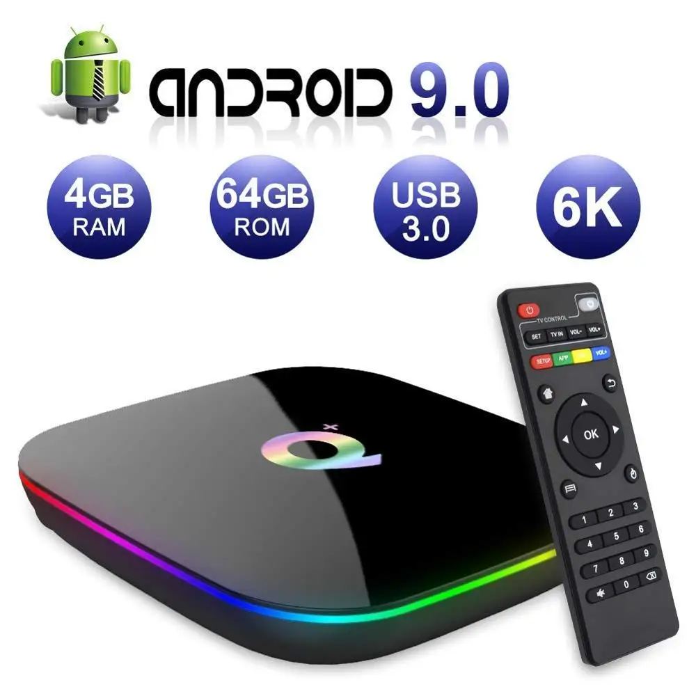 

6K Android 9.0 TV Box Q Plus 4GB RAM 32GB/64GB ROM 2.4GHz WiFi Box IPTV Set Top Box Home Media Player Support 3D Ultra HD Movies