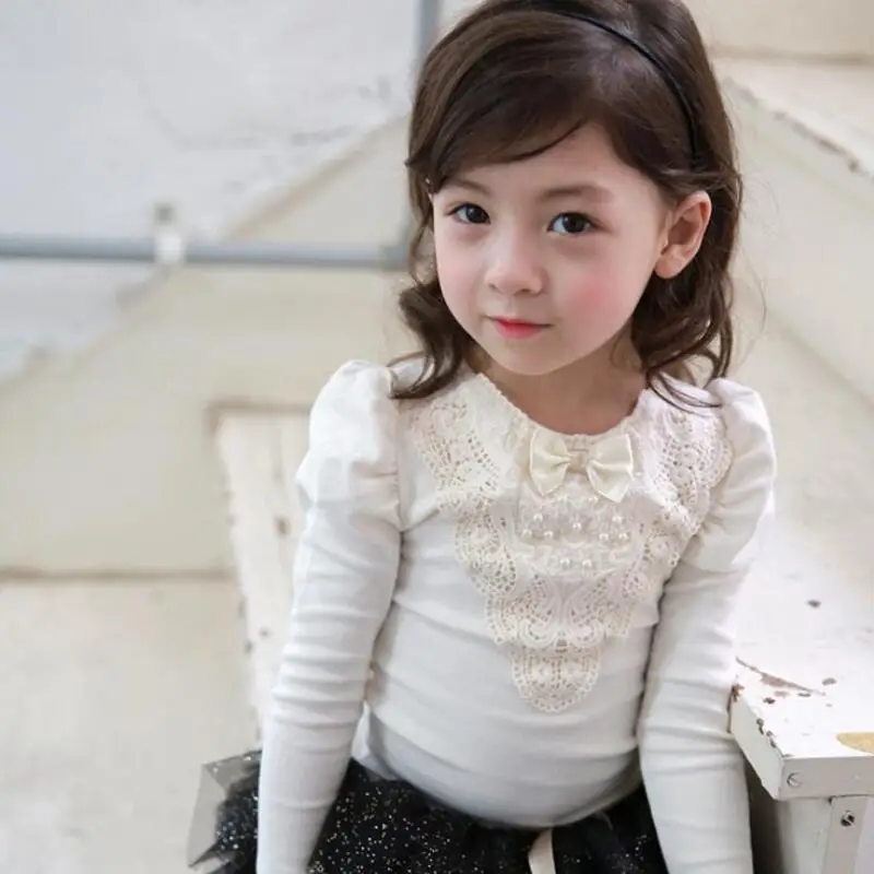 Spring Fall School Girls Shirts White Gray Kids Child Long Sleeve Lace Bow Pearls Girl Tops And Blouse Baby Clothes JW3260