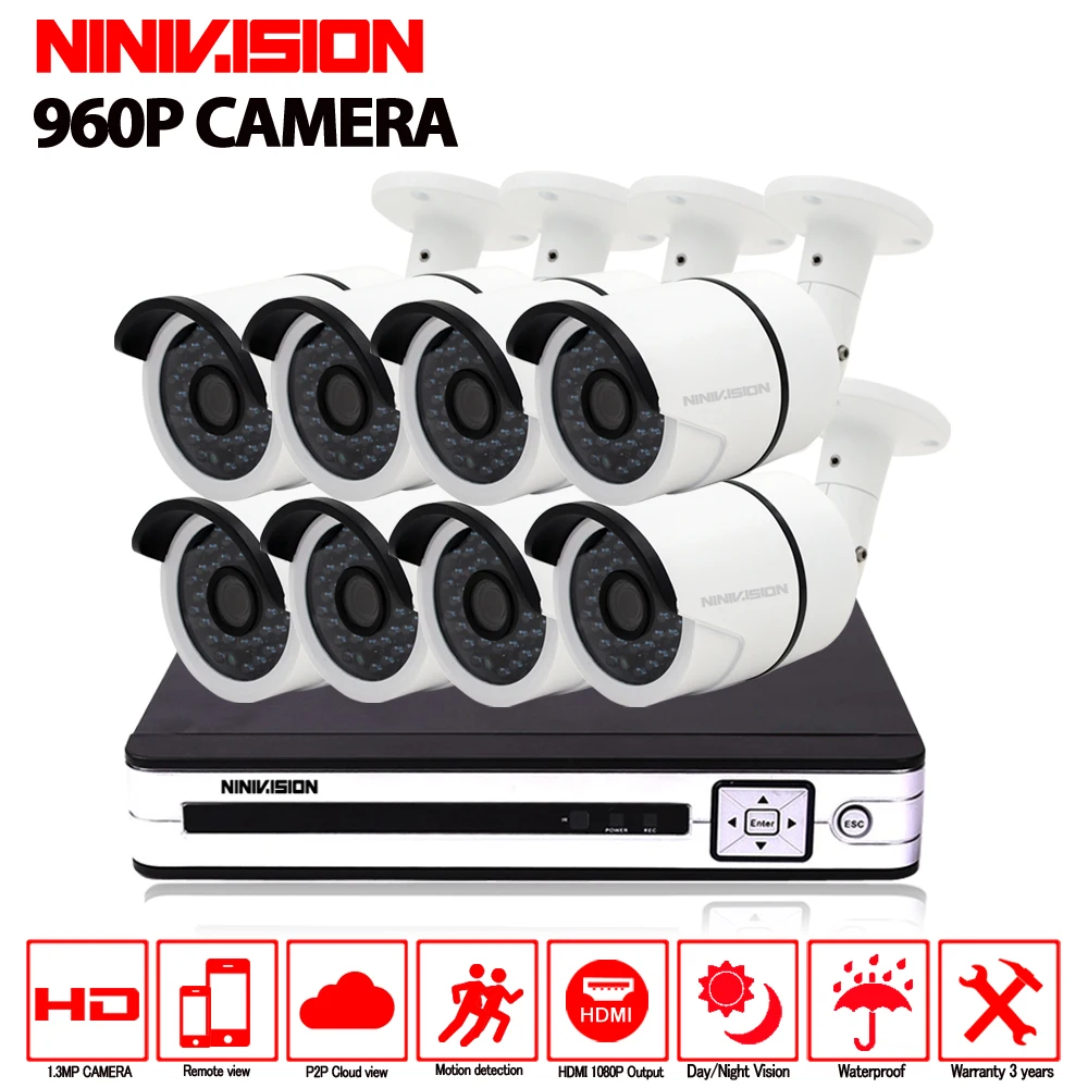 

NINIVISION HD 960P Outdoor Security Camera System 1080P HDMI CCTV Video Surveillance 8CH AHD DVR Kit 1.3MP AHD Camera Set
