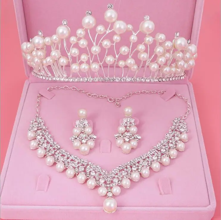  Womens Crystal Pearl Jewelry Hair Crown Headpiece Necklace Pendant Earrings Sets (8)