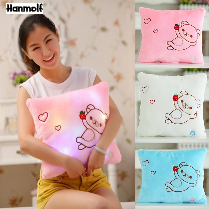 

Sweet Glowing Bear Plush Pillow Strawberry Bear Illuminated Stuffed Square Pillow Kids Huggable Bolster Cot Sofa Decor Pillow