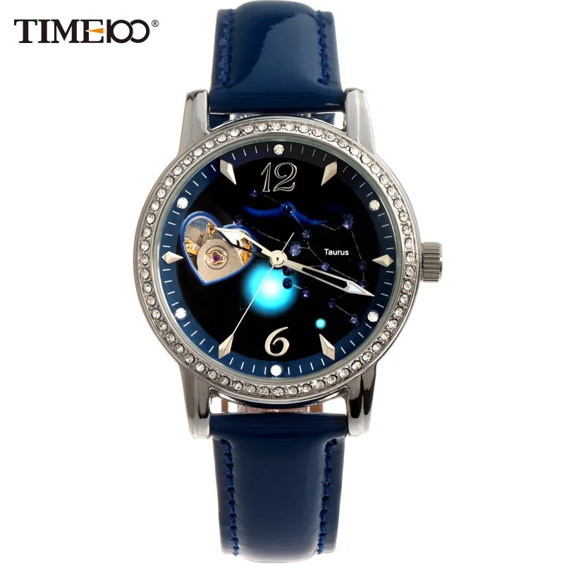 

TIME100 Women's 12 Constellation Taurus Automatic Self-wind Mechanical Watch Diamond Ladies Leather Band Wrist Watch#W80050L.02A