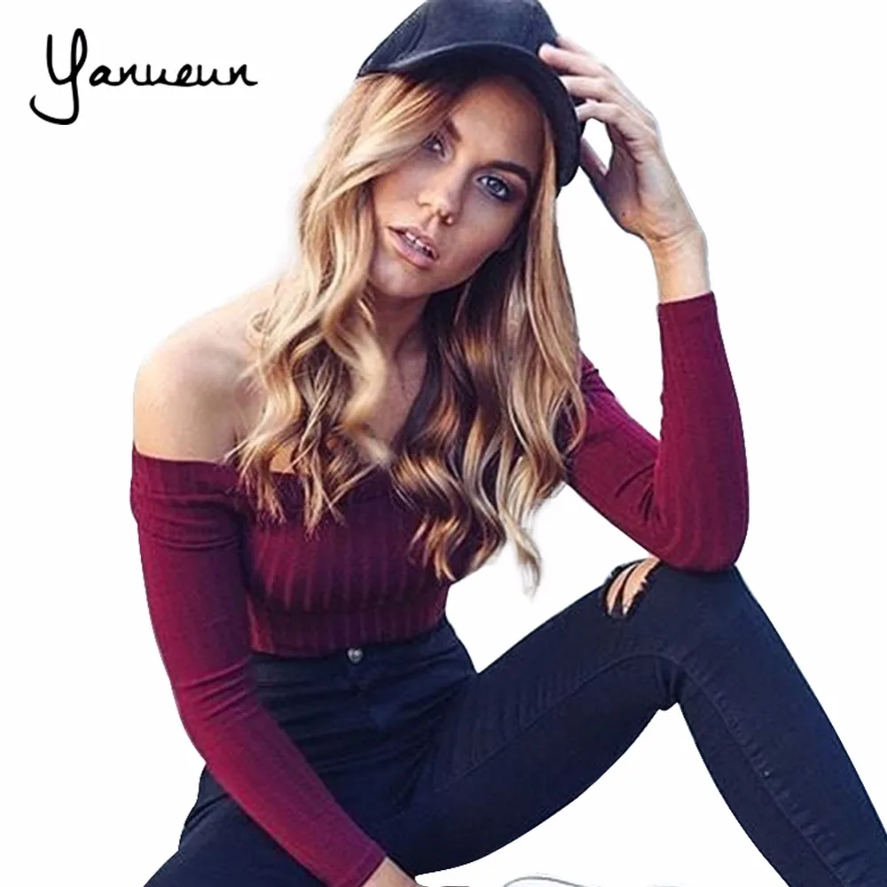 

Yanueun Autumn Winter Basic Women Sweater slit neckline Strapless Sweater thickening Sweater Off Shoulder Pullover Sweaters
