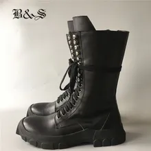 Черный и Street Для мужчин из натуральной кожи Высокие сапоги персонализированные Боковая молния Военная Рыцарь рок улица тренер сапоги