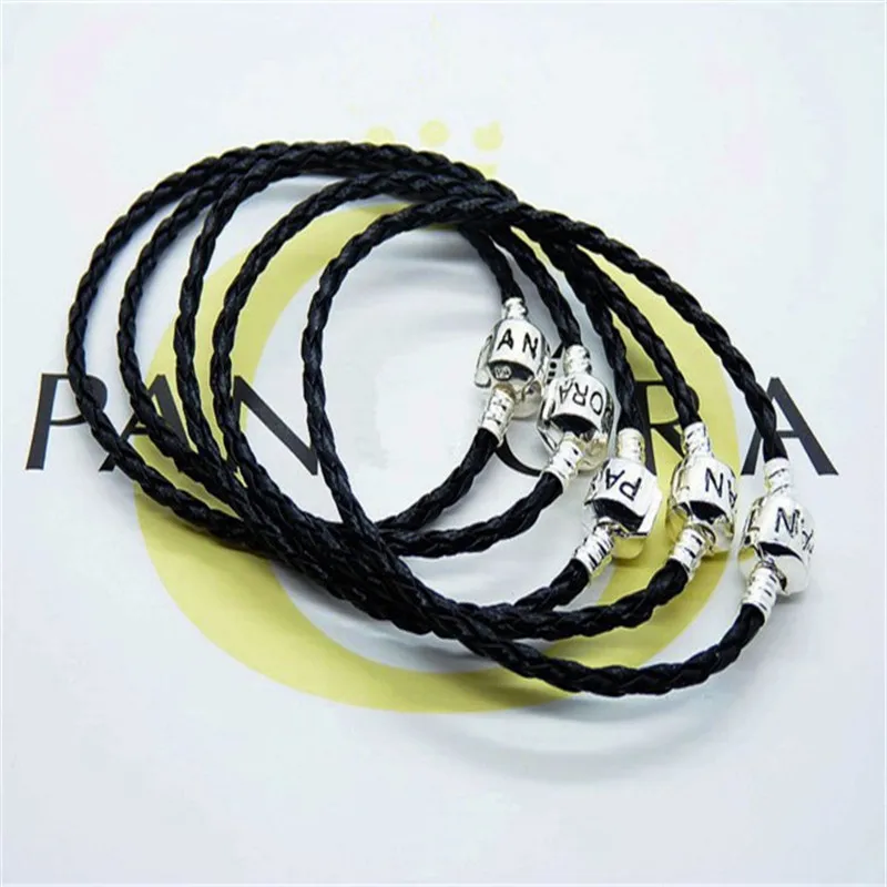 

Black leather diy classic pan pan bracelet is versatile with beads pendant