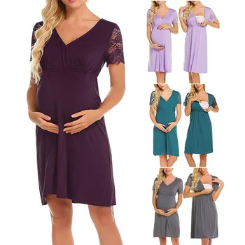

Pregnant Womens Nursing Nightgown Pregnancy Dress Lace Splice Maternity Dress одежда для беременны wholesale 2019 L4
