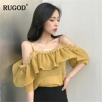 

RUGOD 2019 New Arrival Women Solid Sweet Shirt Slash Neck Spaghetti Strap Loose Slim Ruffles Pleated Blouse Temperament Mujer