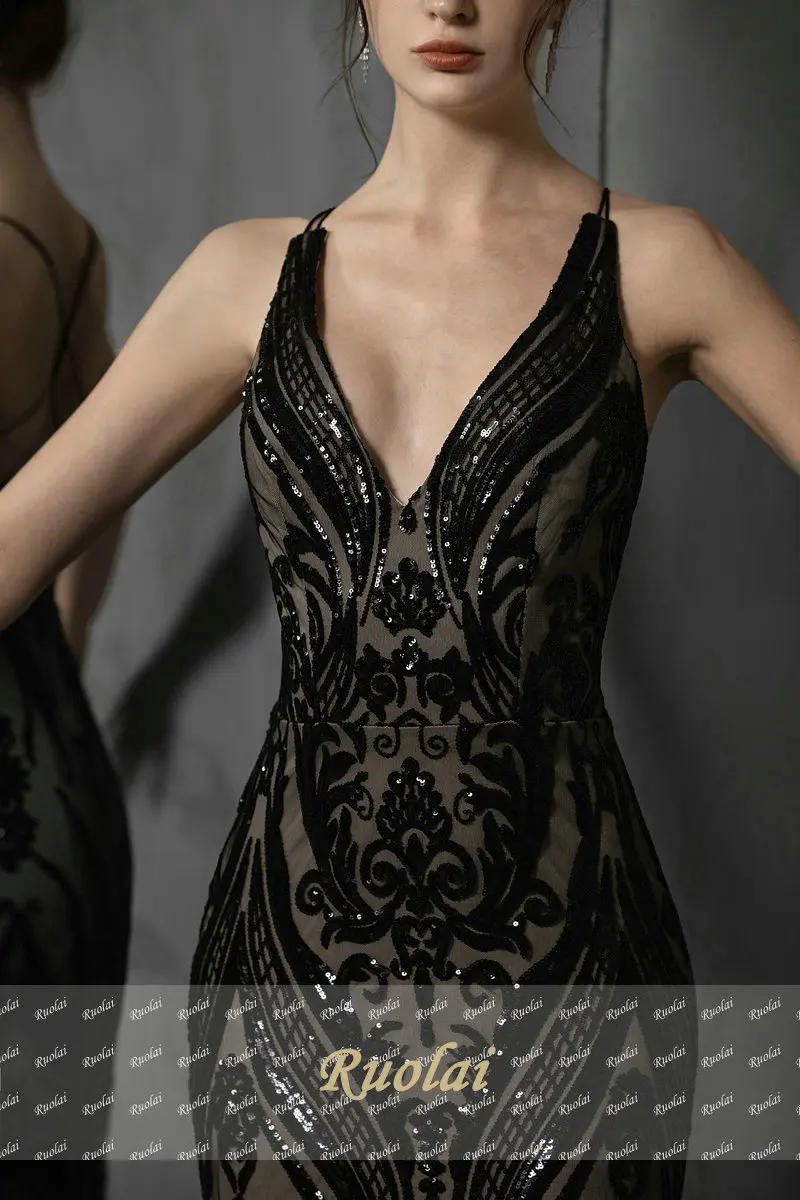 2019 Newest Black V-Neck Evening Dress Long Backless Evening Dresses for Ladies Women Party Gown vestidos de gala