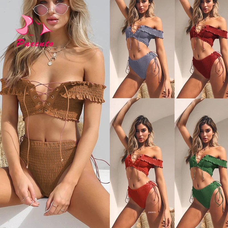 

Pacento 5 Colors Sexy Bikini Set Swimwear Women Bandeau Push Up Reversible Brazilian Solid Off Shoulder Strapless Maio Plavky
