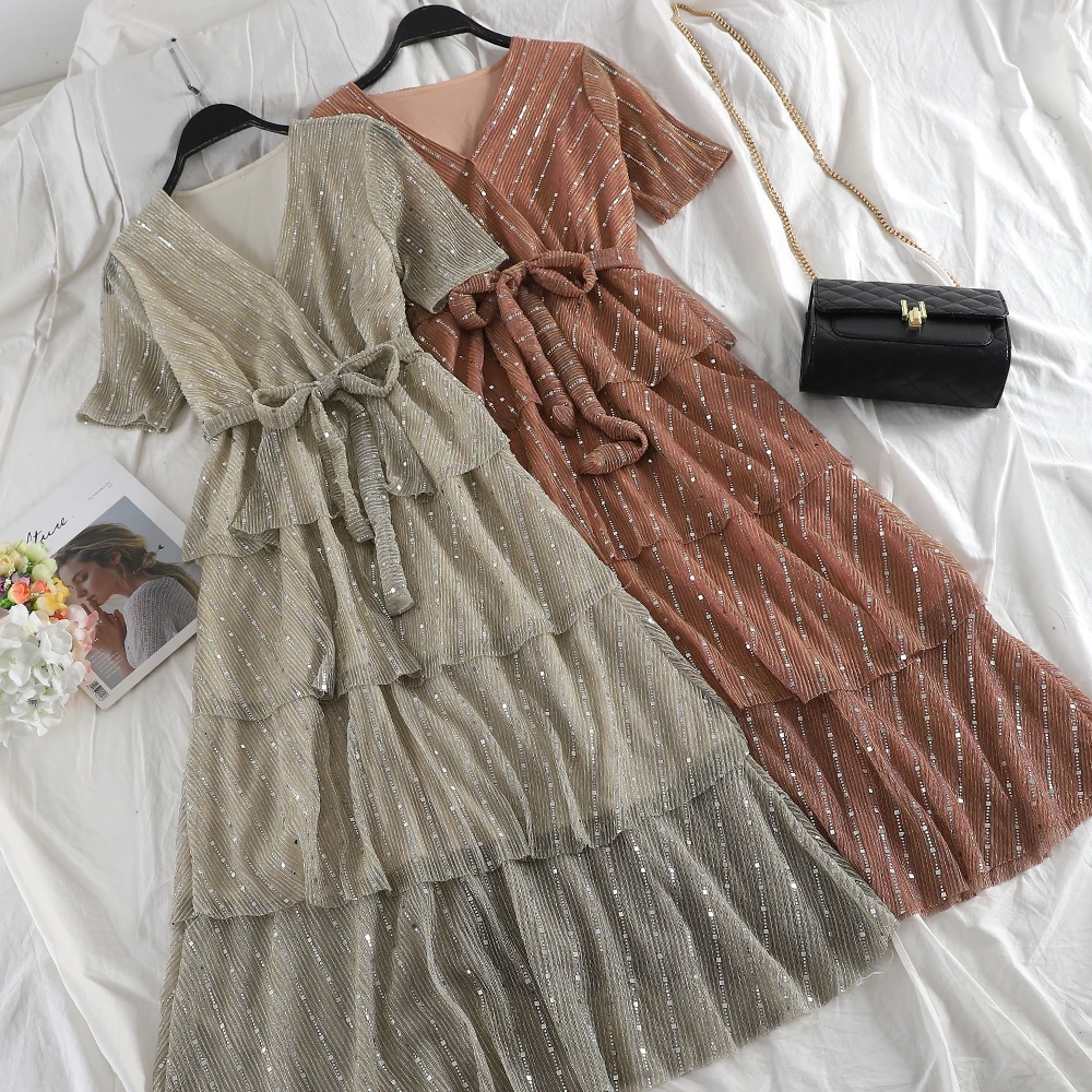 

Women Summer V-neck Sequined Sashes Ball Gown Layer Cake Dress Vintage Elastic Slim Bandage Strap Pullover Pleated Midi Dress
