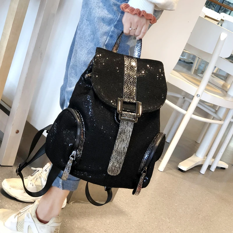 WOONAM модная сумка сетка мерцающие Блестки Нейлон отделка питона шнурок застежка рюкзак сумка WB847