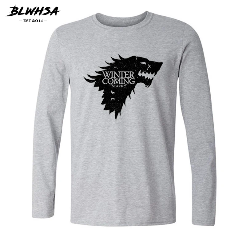 

BLWHSA Game Of Thrones Printed Winter Is Coming Stark Blood Wolf Long Sleeve Men T Shirt Casual High Quality T-Shirt For Men