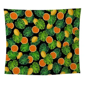 

Lemons Oranges Monstera Leaf Black Wall Tapestry For Wall Decoration Fashion