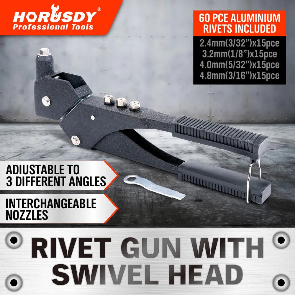 

HORUSDY 360 Swivel Riveter Gun Manual Light Weight Riveter Gun Kit 60pcs Blind Rivet Hand Tools Heavy Duty for Metal Woodworking