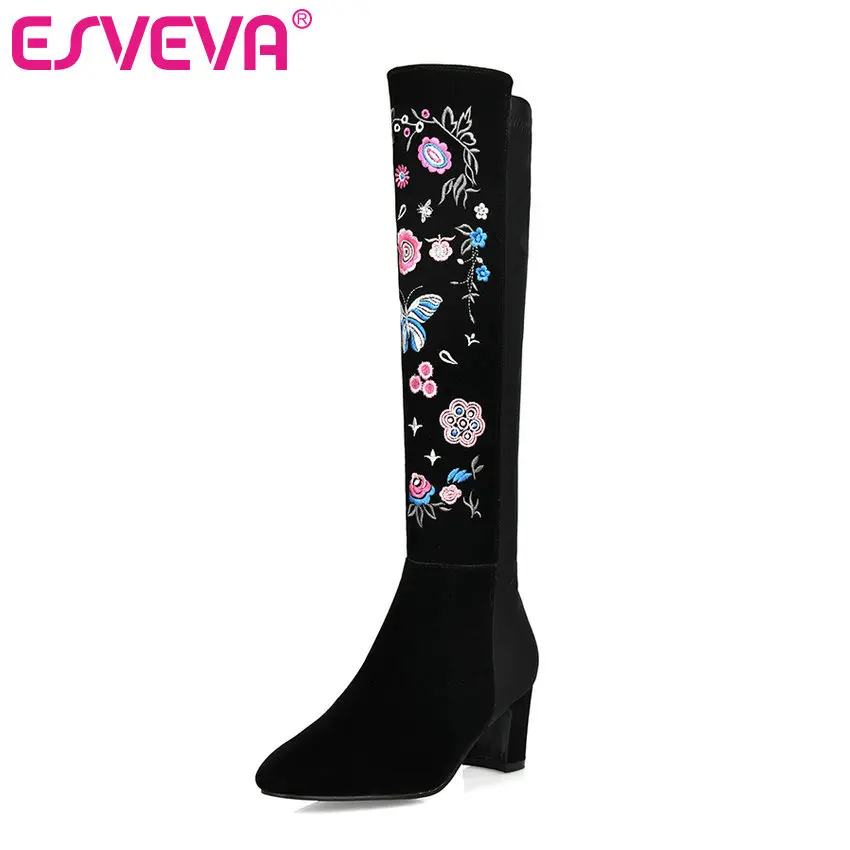 

ESVEVA 2020 Shoes Women Knee-high Boots Fashion Square Heel Flower Zipper Round Toe Punk Boots Shoes Size 34-43 Winter Boots