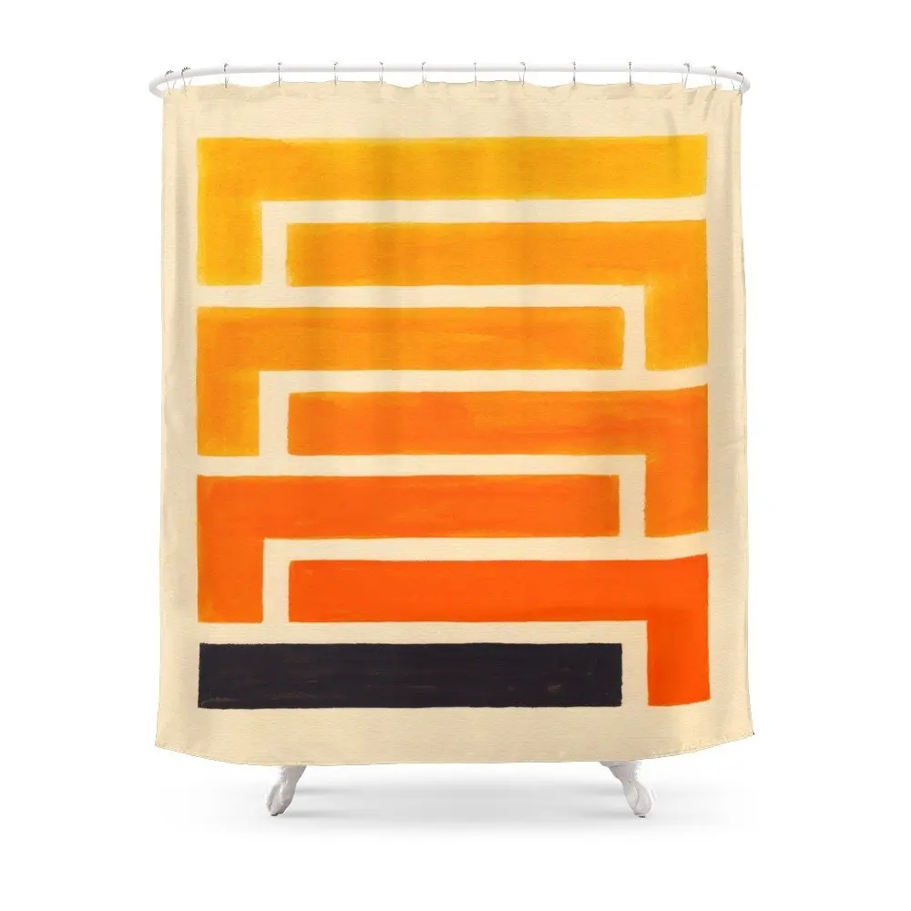 Orange & Black Geometric Pattern Shower Curtain Polyester Fabric