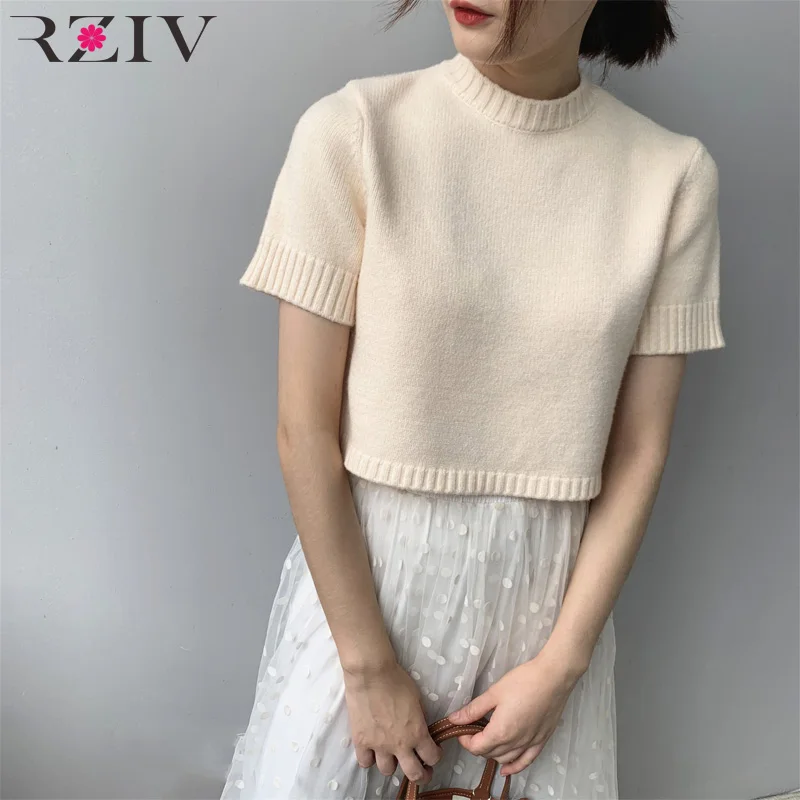 

RZIV Spring casual sweater female solid color round neck short sleeved sweater