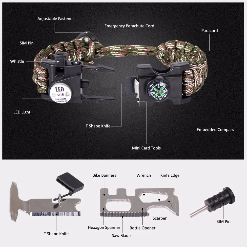 Military Emergency Braided Survival Bracelet With SOS LED Paracord Outdoor Camping Rescue Rope Bangles Compass Whistle Knife