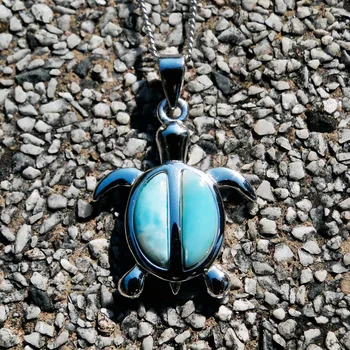

DJ CH Blue Larimar Natural Stone Gemstone Sea Turtle Charm Pendant 925 Sterling Silver Fine Jewelry Pendant for Woman/Man