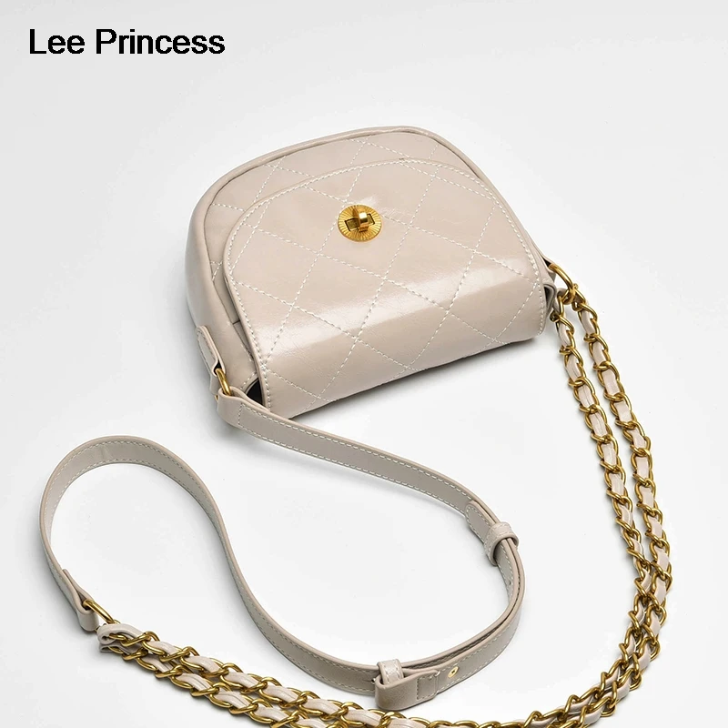

LEE Princess Ladies Sling Shoulder Messenger Bag Women Lattice Quality Split Leather Chains Small Saddle Crossbody Bag Female