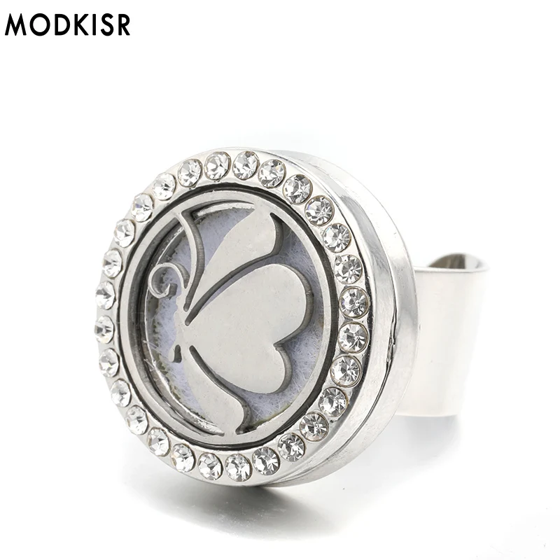 

MODKISR Wholesale Stainless Steel Butterfly 25mm Temperament Aromatherapy Essential Oil Diffuser Women Rings Jewelry Female Ring