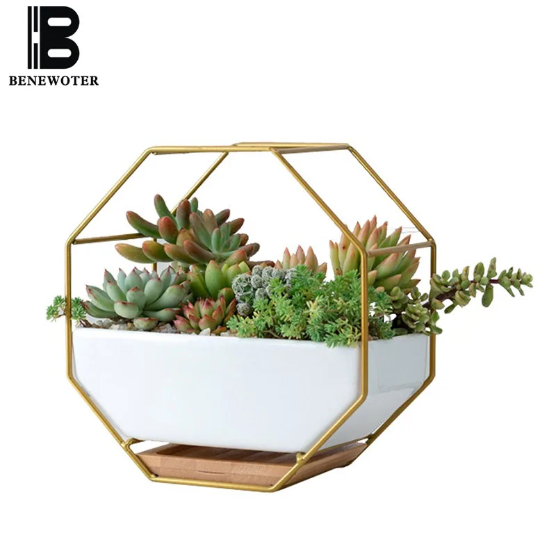 Modern Iron Art Ceramic Flower Pot Nordic Wall Vase Home Living Room Office Wall Planter Succulent Plant Holder Bonsai Pot Decor