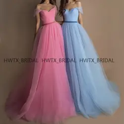 Элегантное вечернее платье с открытыми плечами 2019 длинное платье трапециевидной формы розового и синего цвета, вечерние платья из тюля