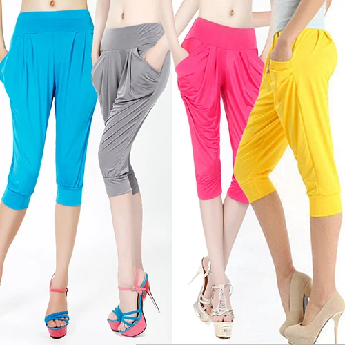 Las mujeres Del Verano Sueltan Los Pantalones Del Harem Del Del Caramelo de Capris Elásticos Bolsillos Pantalones Nueva Llegada _ - AliExpress Mobile