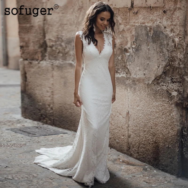 

Simple Backless Strap Sexy Sheath V Neck Wedding Dress Sofuge Boho Dubai Arabic Abiti Da Sposa Vestidos De Fiesta De Noche