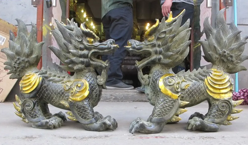 

19"Fengshui 100% Bronze gilt Chinese dragon Foo Dog Kirin Kylin PAIR statue