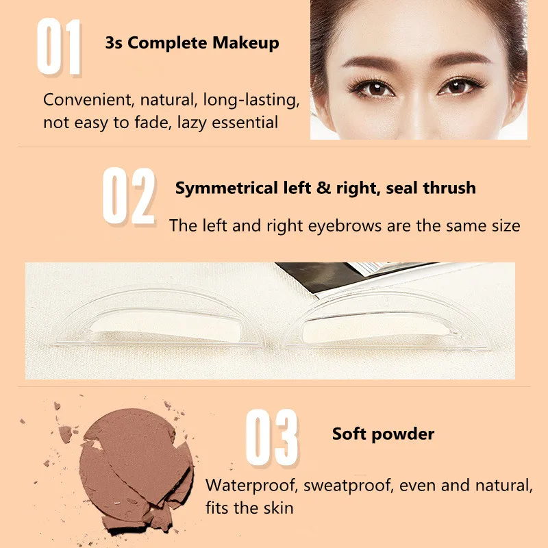 3 Colors Eyebrow Powder Seal Eyebrow Shadow Set Waterproof Eyebrow Stamp Straight Curved Shape Brow Stamp Powder Palette Stamper