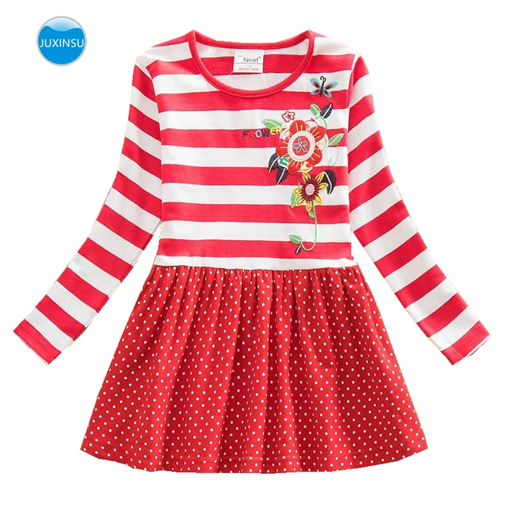 JUXINSU/Детские платья с длинными рукавами для маленьких девочек, осенне-зимнее хлопковое Повседневное платье в полоску с цветами для девочек 1-8 лет