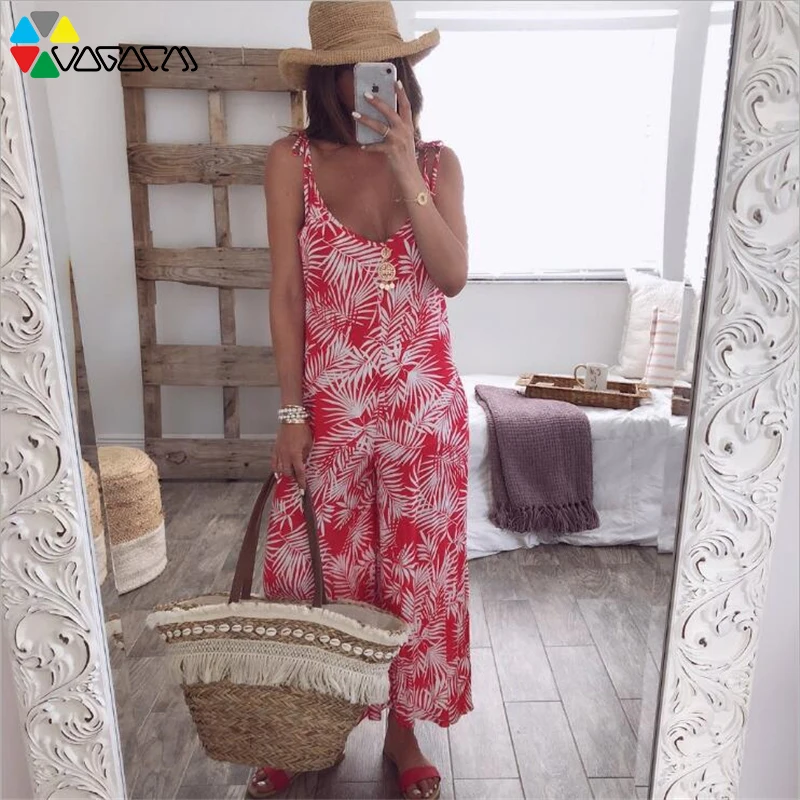 Women Sexy V Neck Summer Sling Leaf Print Backless Loose Boho Jumpsuit Plus Size S-2XL Lacing Beach Party Wide Leg Long Pants